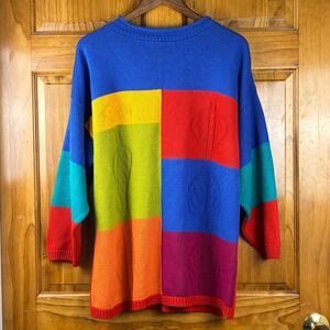 Venezia Vitale Vintage Colorblock Embossed Leaf Knit Sweater Multi Color XL 90s